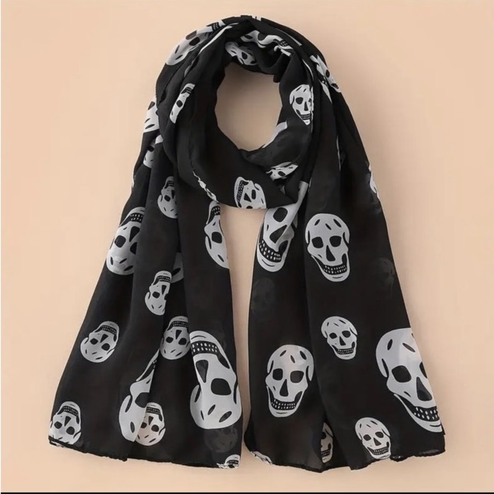 Skull print scarf black and white one size shawl head wrap travel